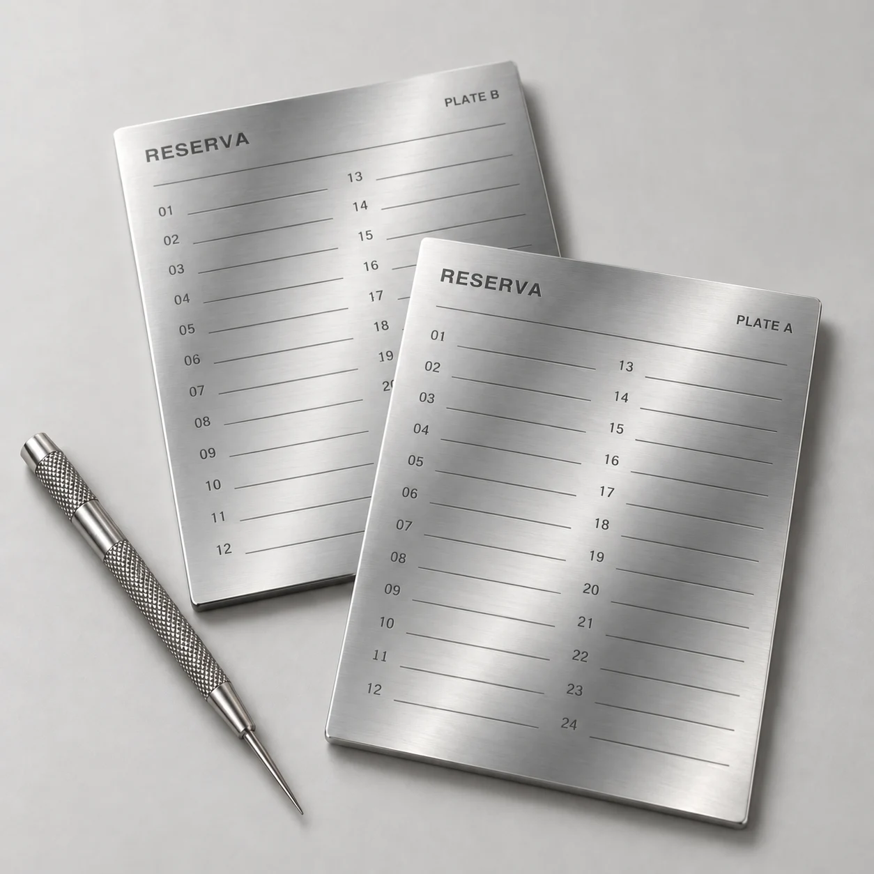 Two metal plates with 24 blank fields each; English labels
